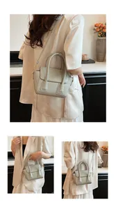 Three-angle view of a compact light green crossbody bag showing top handles and strap