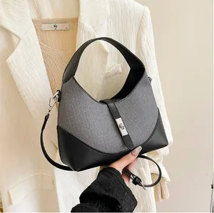 Sac Bandoulière Femme Couleur Contrastée Cuir PU Tissu Hobo Sacoche Avec Verrouillage Métallique Navette Voyage Sac à Main