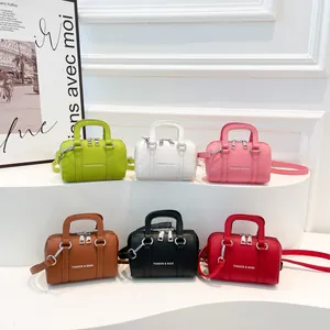 Women Lychee Pattern PU Leather Mini Boston Bag Retro Fashion Handheld Shoulder Crossbody Bag With Letter Print Top Handle