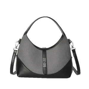 Sac à main rétro bicolore pour femme en toile grise et cuir noir avec bandoulière