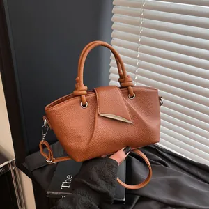 Women Vintage Pleated Bucket Bag PU Leather Litchi Grain Handbag With Moon Metal Buckle Knotted Handle Crossbody Bag
