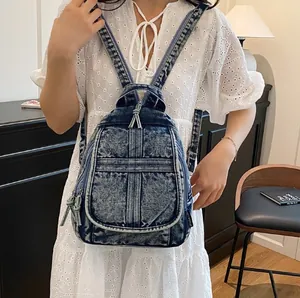 Vintage Washed Denim Backpack For Women Fashion Large Capacity Streetwear Everyday Casual School Bag With Cross Stitching Details