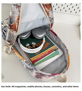 Detail view of mini backpack interior capacity showing storage for A4 magazines and phone