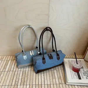 Sac à Épaule en Denim pour Femmes Rétro Bloc de Couleur Sac Boston Cuir PU Épissage Décontracté Mode Bandoulière