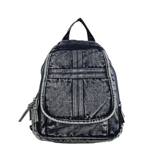 Retro washed denim backpack for women with large capacity and vintage dark blue finish