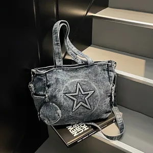 Vintage Washed Denim Star Tote Bag Large Capacity Shoulder Bag With Round Coin Purse For Women Retro Casual Streetwear Handbag