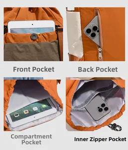 Detail von Outdoor-Rucksack mit Vorder-, Rück-, Innenreißverschlusstasche und Laptopfach