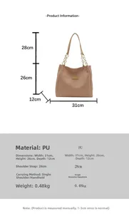 Détails du sac cabas marron tissé 31x26x12cm avec bandoulière chaîne dorée et mesures