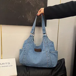 Women's Casual Denim Canvas Tote Bag Large Capacity Shoulder Bag With Side Pockets Vintage Urban Simple Fashion Shopping Handbag