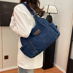 Large capacity navy denim tote bag for women with leather tag and shoulder strap