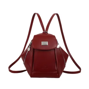 Chic burgundy PU leather backpack with silver hardware and sleek minimalist design