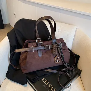 American Vintage Matte PU Leather Handbag For Women Large Capacity Tote Shoulder Bag With Belt Buckle And Cute Charms