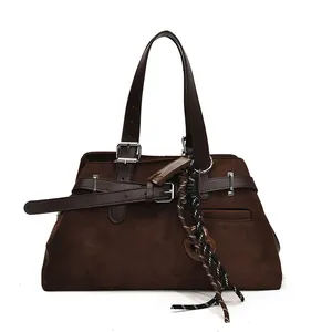 Retro dark brown frosted suede handbag with leather buckle and braided rope charm detail
