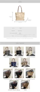 Size chart showing large and small pleated tote bag dimensions in five colors