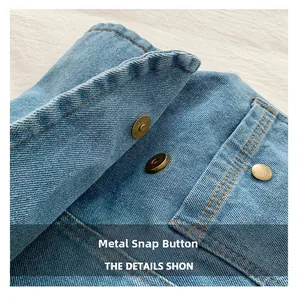 Detailed macro view of vintage bronze magnetic metal snap on blue denim fabric