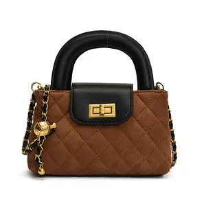 French style quilted suede handbag with gold chain and black leather top handle