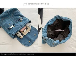 Dual view of denim backpack showing internal compartments with umbrella and notebook