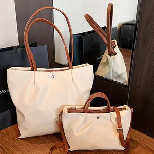 Grote beige geplooide shopper en crossbody tas set met bruine riemen voor dames