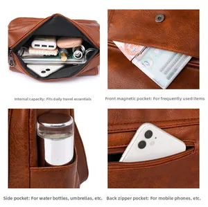 Dettagli della borsa marrone capiente con tasche multiple e trama in pelle vintage