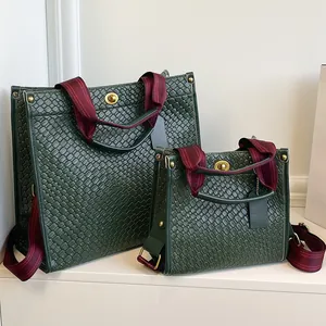 Damen Geflochtene PU Leder Einkaufstasche Mit Kontraststreifen Griff Metallschloss Umhängetasche Schultertasche Professionelle Handtasche
