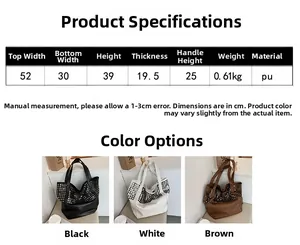 Size chart and dimensions for large rivet tote bag with PU leather straps and 3 color options