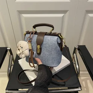 Vintage Tweed Denim Doctor Handbag For Women Retro Crossbody Shoulder Bag With Plush Pendant Gold Metal Lock Chic Bag
