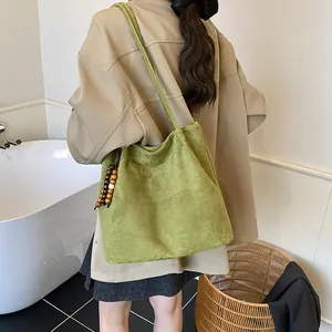 Retro green suede large capacity tote bag with wooden bead charm for autumn winter fashion