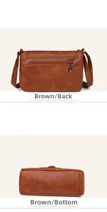 Viste dettagliate del retro e del fondo di una borsa a tracolla marrone retrò martellata