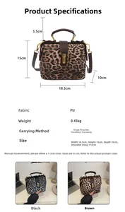 Detailed size and weight chart for the leopard print PU leather handbag with gold buckle