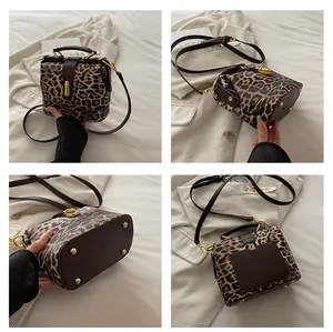 Detail shots of leopard print handbag showing base studs, side view and back pocket