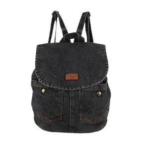 Large capacity dark grey denim backpack with flap cover and vintage front pockets for travel
