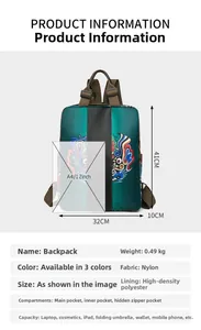 Detailed size comparison of the nylon backpack showing dimensions for A4 documents