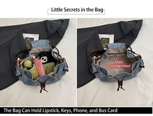 Internal view of blue bucket bag showing main compartment capacity for daily items