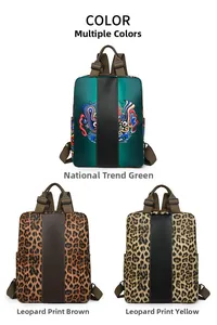 Three nylon backpacks in ethnic green and leopard prints with vertical stripe details