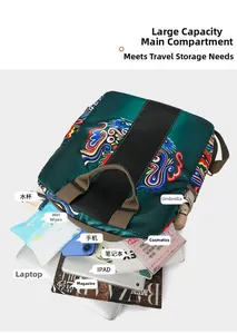 Detail view of deep green nylon backpack showing large capacity and internal storage space