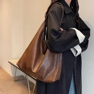 Women Vintage Large Capacity Tote Bag Soft PU Leather Pleated Hobo Bag Casual Commuter Shoulder Bag Korean Style Handbag