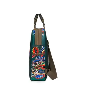 Side view of dark green nylon backpack with colorful traditional embroidery and brown straps