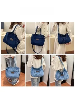 Detail shots of denim tote bag in dark and light blue with adjustable straps and leather patch