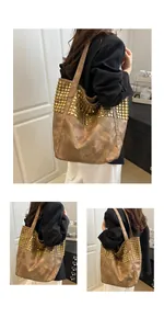 Gros plan du sac cabas marron vintage avec rivets dorés denses et cuir mat