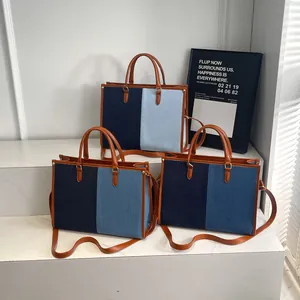 Borsa Tote da Donna in Denim Patchwork di Moda Grande Capacità Borsa a Tracolla Con Finiture in Pelle PU Borsa a Spalla Casual