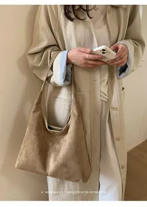 Detail of minimalist khaki suede hobo bag showing large capacity and matte texture
