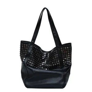 Black PU leather tote bag with silver metal studs and large capacity for women