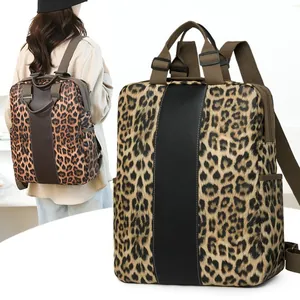 Women's leopard print nylon backpack with large capacity and brown adjustable straps