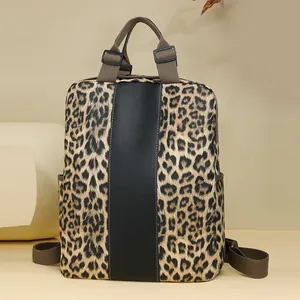 Fashionable leopard print nylon backpack with large capacity and stylish side pockets
