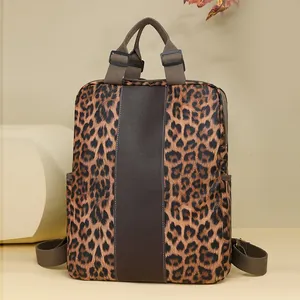 Fashionable leopard print square nylon backpack with adjustable brown straps and side pockets