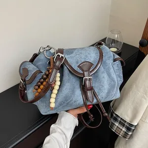 Women Vintage PU Leather Denim Fabric Crossbody Bucket Bag With Drawstring Wooden Bead Charm Fashion Single Shoulder Bag