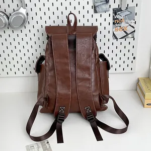 Vintage brauner PU-Leder Rucksack mit breiten Gurten und großem Fach für Reisen und Laptop