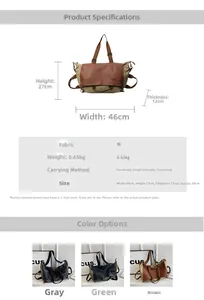 Detailed size chart for retro canvas tote bag with 46x27x12cm dimensions and color options