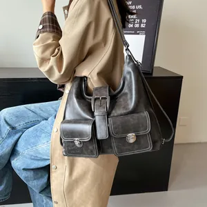 Vintage large grey messenger bag with metal buckles and contrast stitching detail