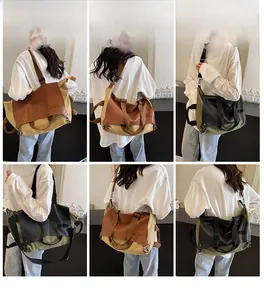 Detailed views of vintage canvas tote bags shown in khaki and olive green on a model